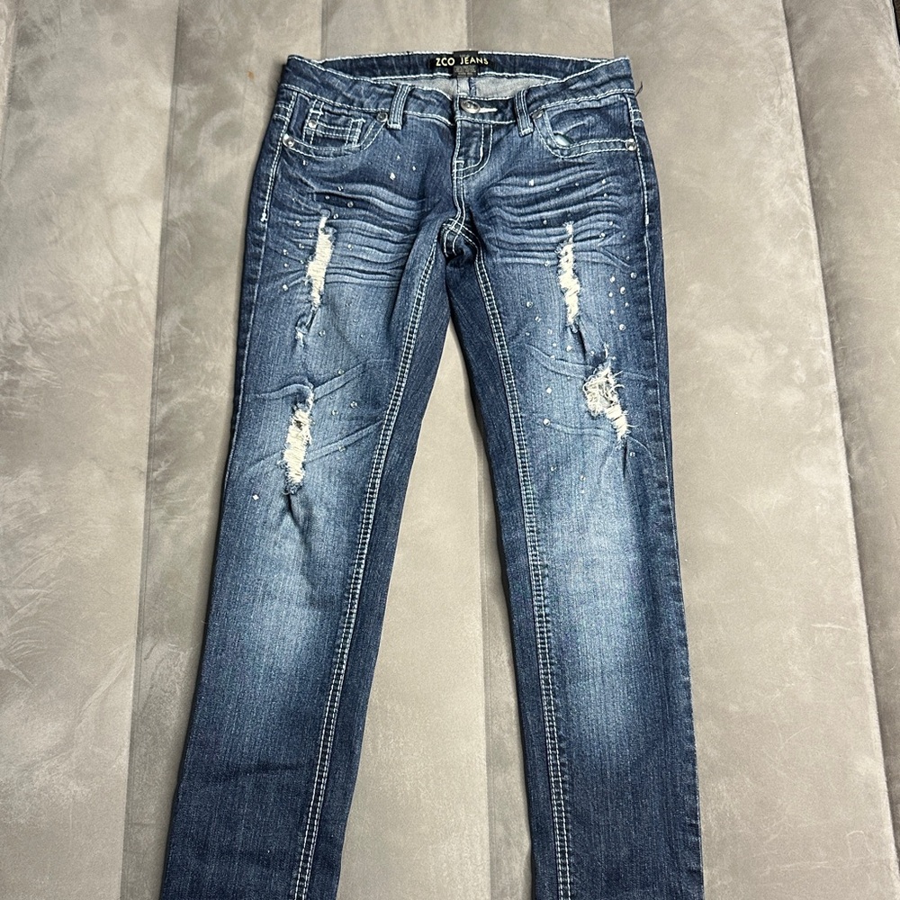 ZCO Jeans Women's Distressed Embellished Skinny‎ Blue Jeans Size 1